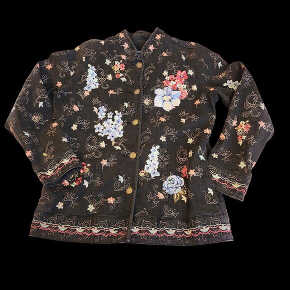 Denim & Co. W Floral Embroidered jean Jacket S Button-Up Black Hippy Boho - Picture 1 of 6